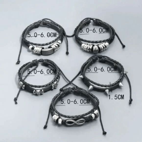 BLACK LEATHER SKULL INFINITY SPIKE BRACELET SET - Picture 4 of 5
